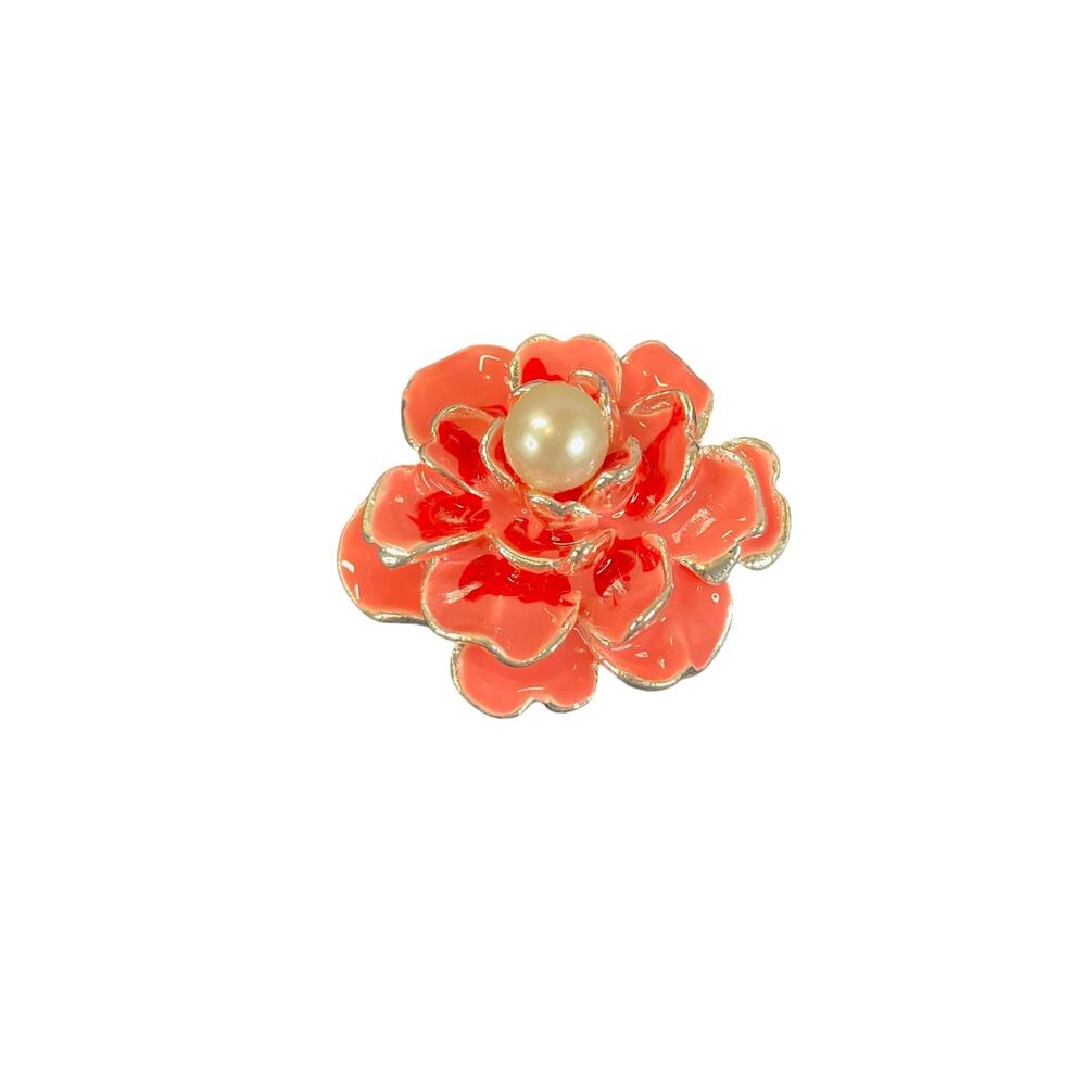 Vantel Pearls Salmon Pink Wildflower & Silver Tone Pendant w/Real Pearl EUC